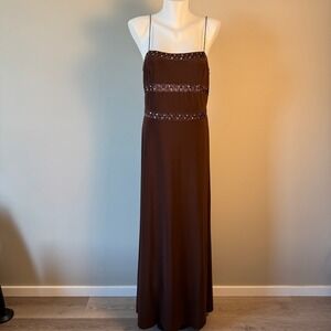 Dave & Johnny by Laura Ryner Brown Beaded Strappy Back Maxi Gown Womens 9/10 Y2K